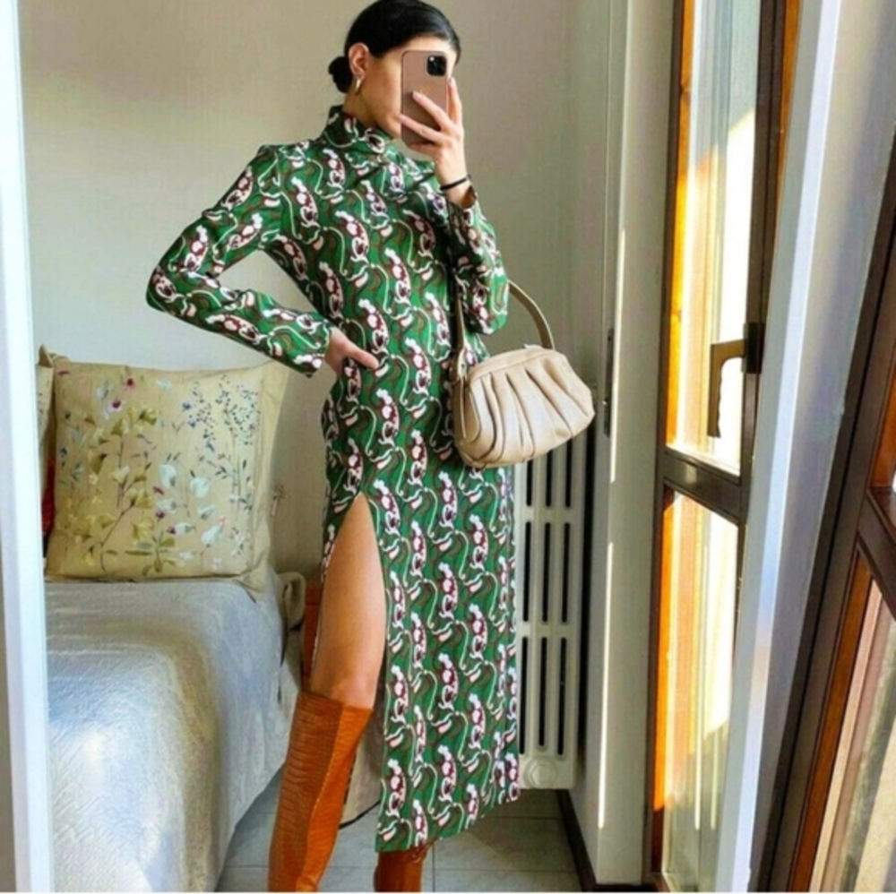 ZARA | NWT Front Slit Printed Midi Dress Green | Size XS